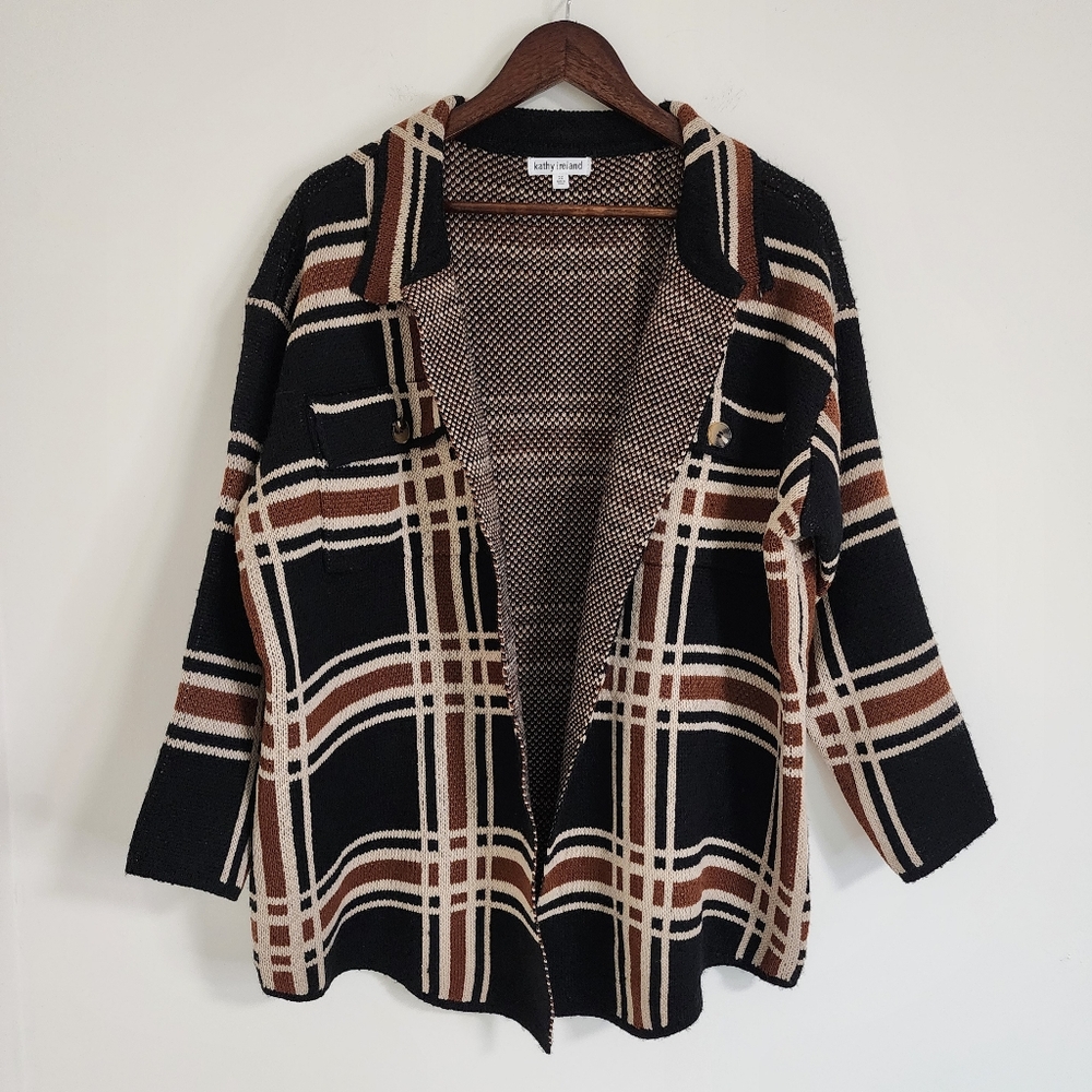 Kathy Ireland Cozy Black & Brown Plaid Thick Sweater Cardigan XXL Heritage